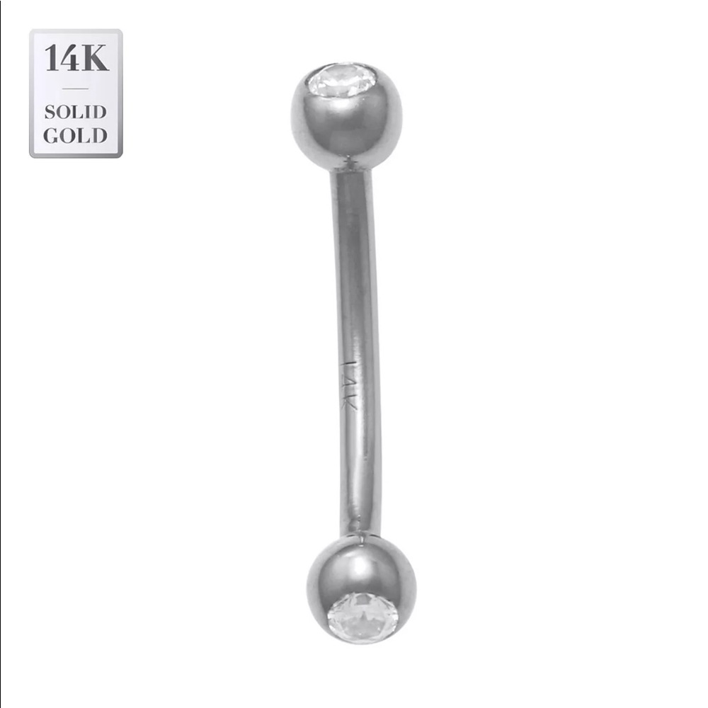 14K White Gold Curved Navel Barbell with Clear Gem Ends